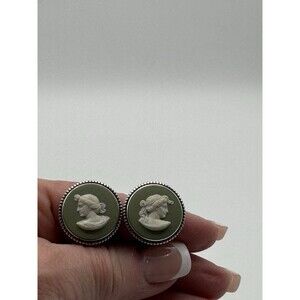 Vintage Wedgwood Green Jasper Sterling Clip Earrings Cameo England